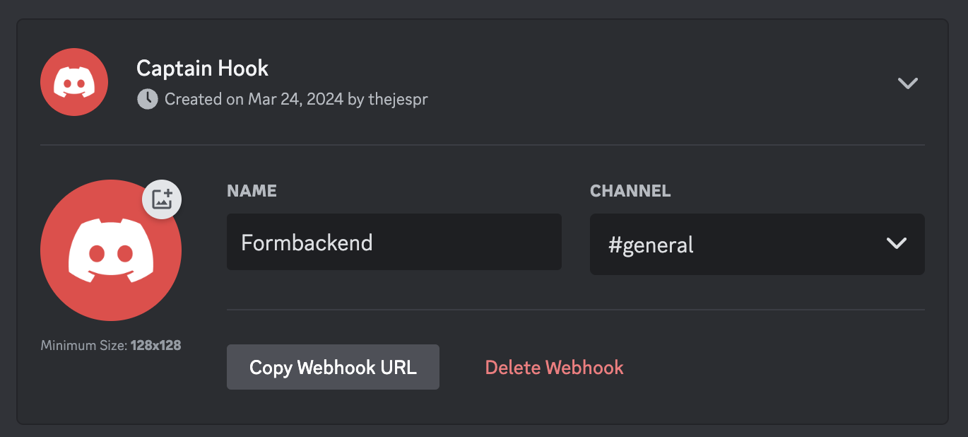 Discord webhook creation screen showing the name and channel fields