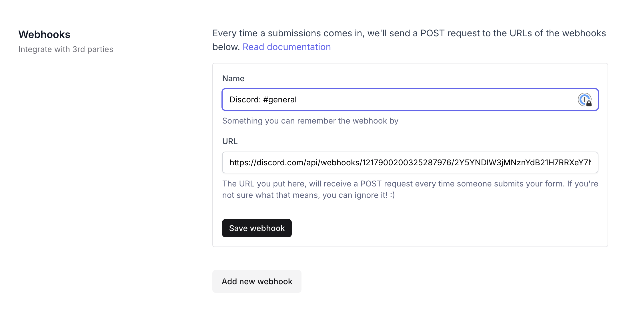 FormBackend webhook settings with Discord URL configured