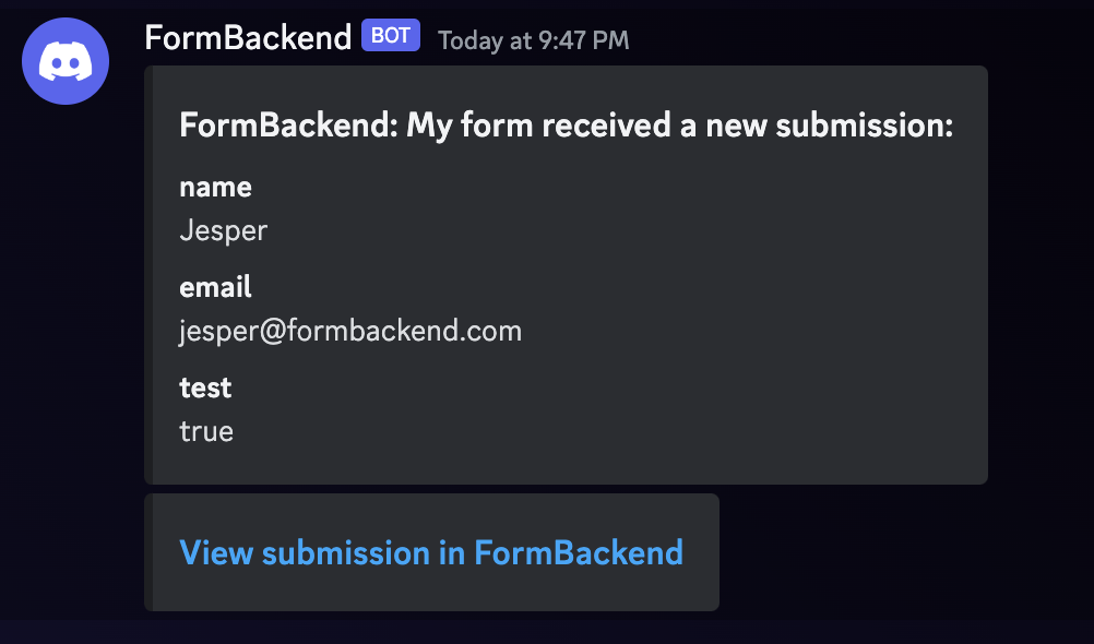 An example form submission displayed as a Discord message