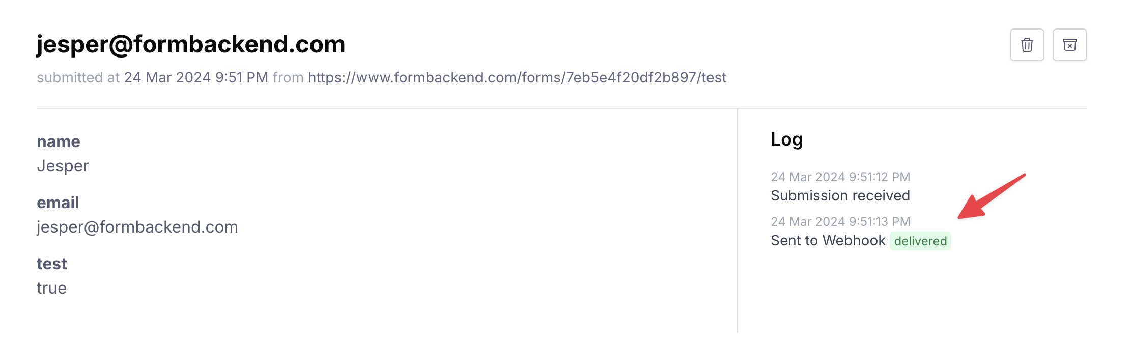 Submission event log showing the webhook was delivered to Discord