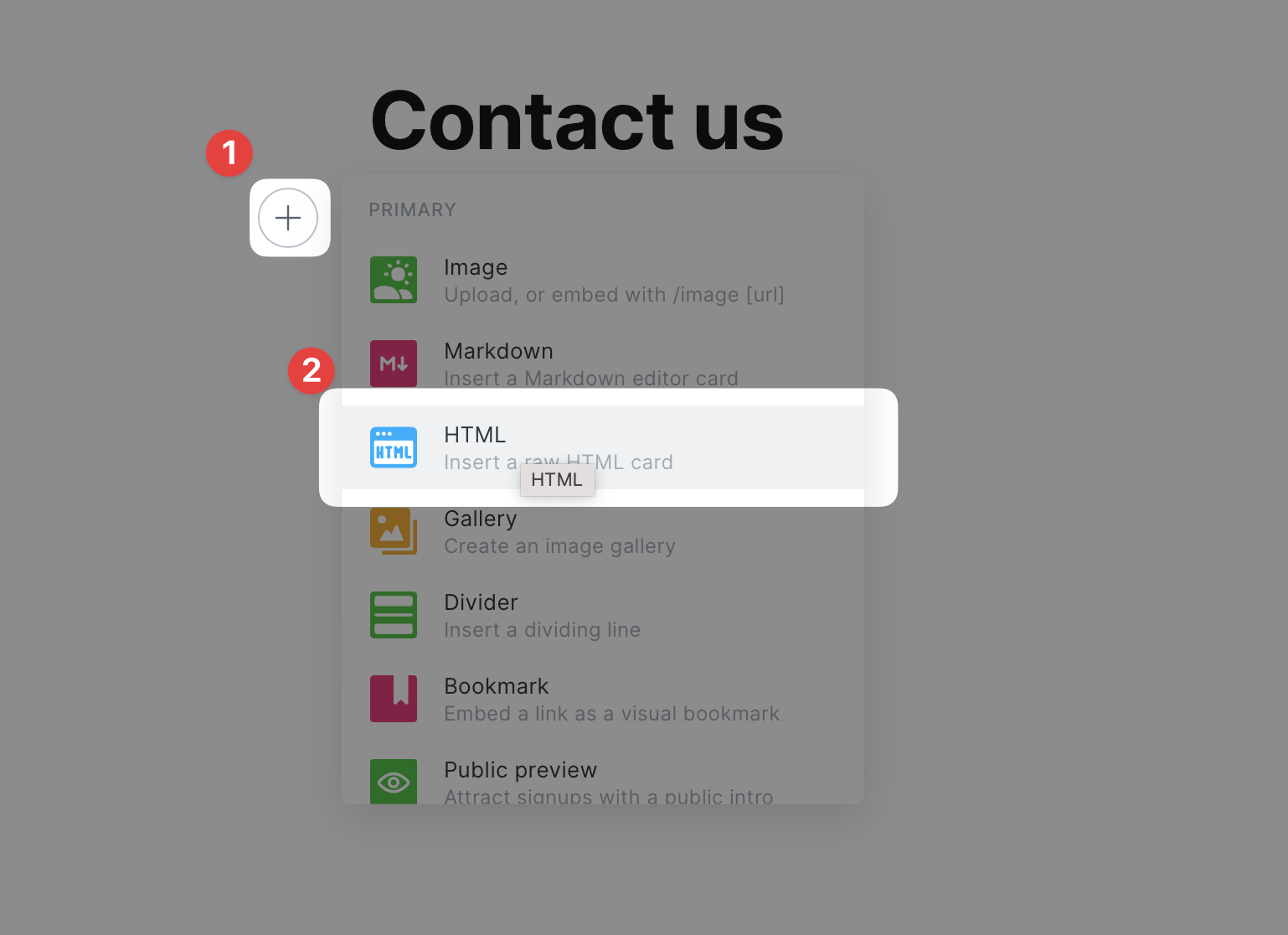 Inserting an HTML card in the Ghost page editor
