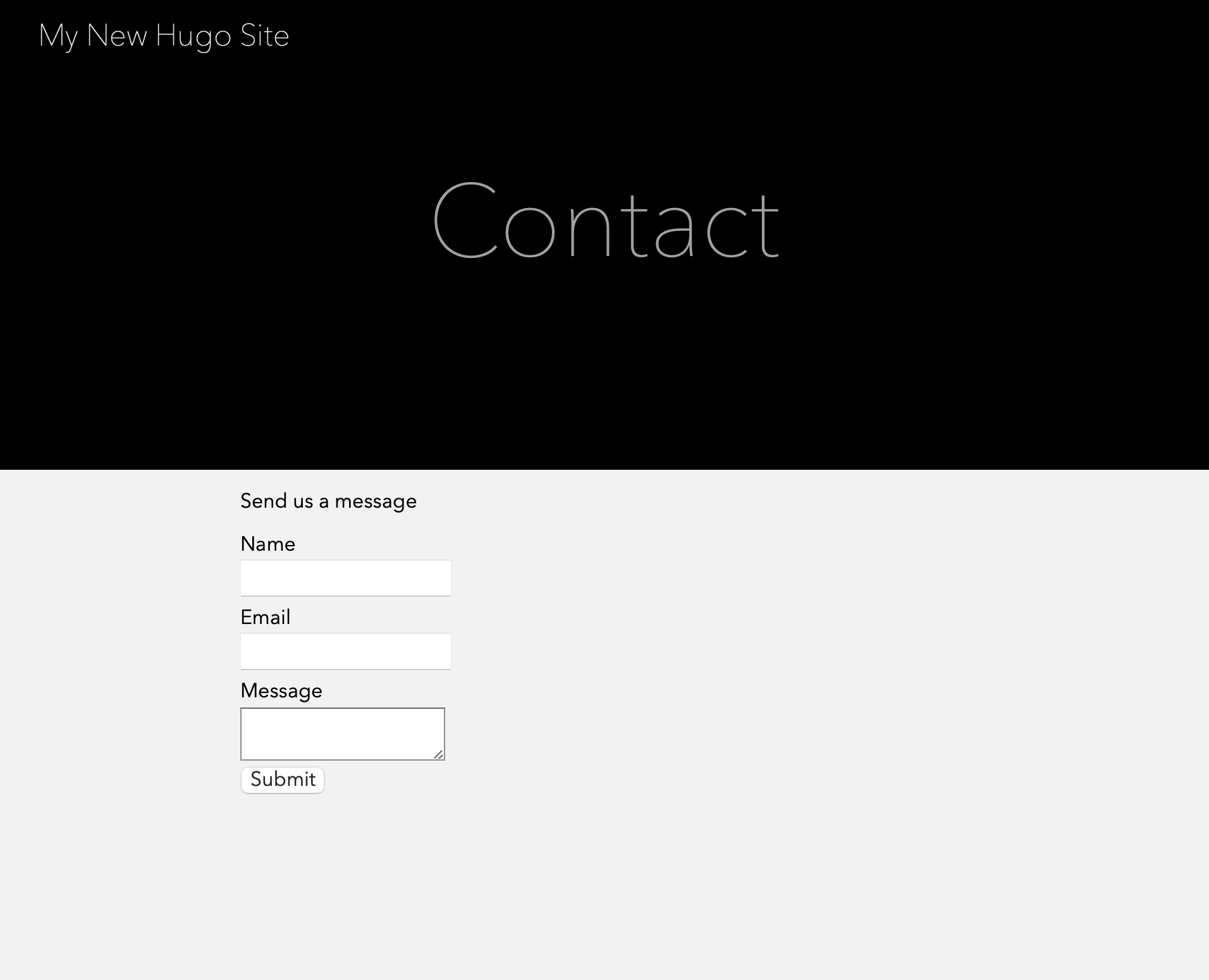 The Hugo contact form with name, email, and message fields