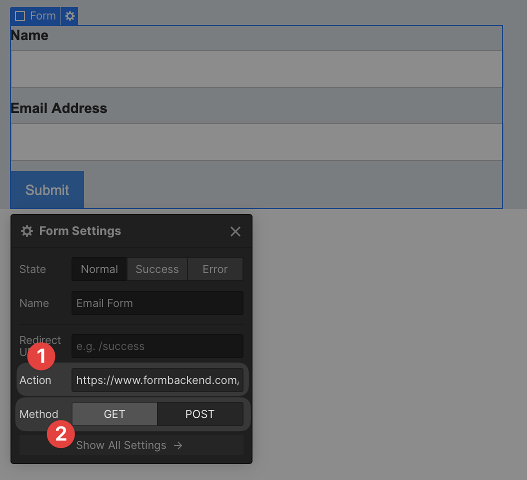 Webflow Form Block settings showing the action URL and POST method configuration